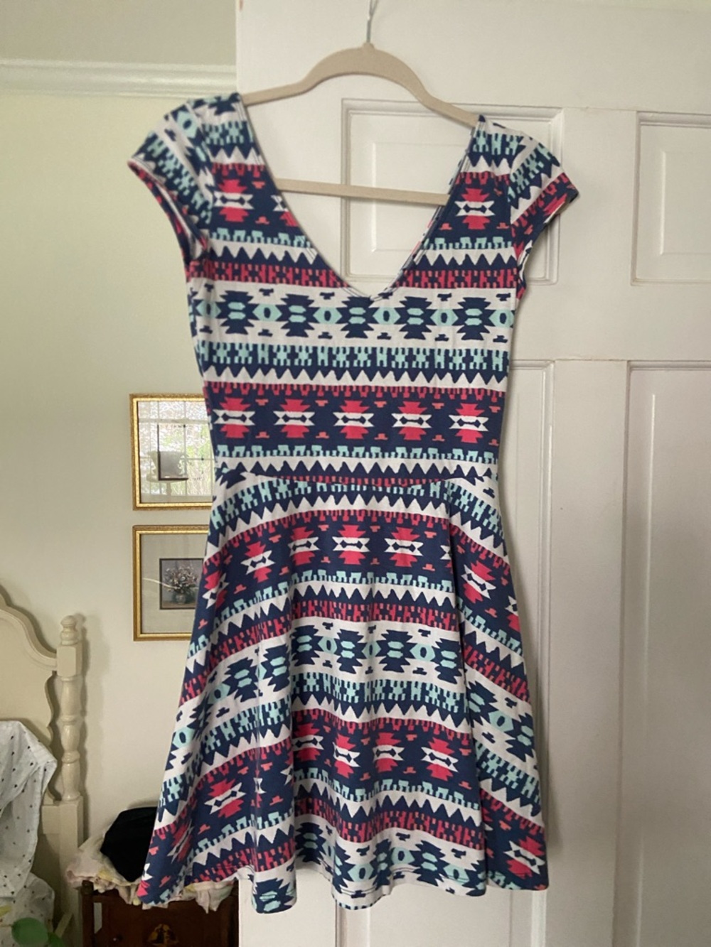 Aztec Print Fit-and-Flare Dress in Navy & Pink from Hollister